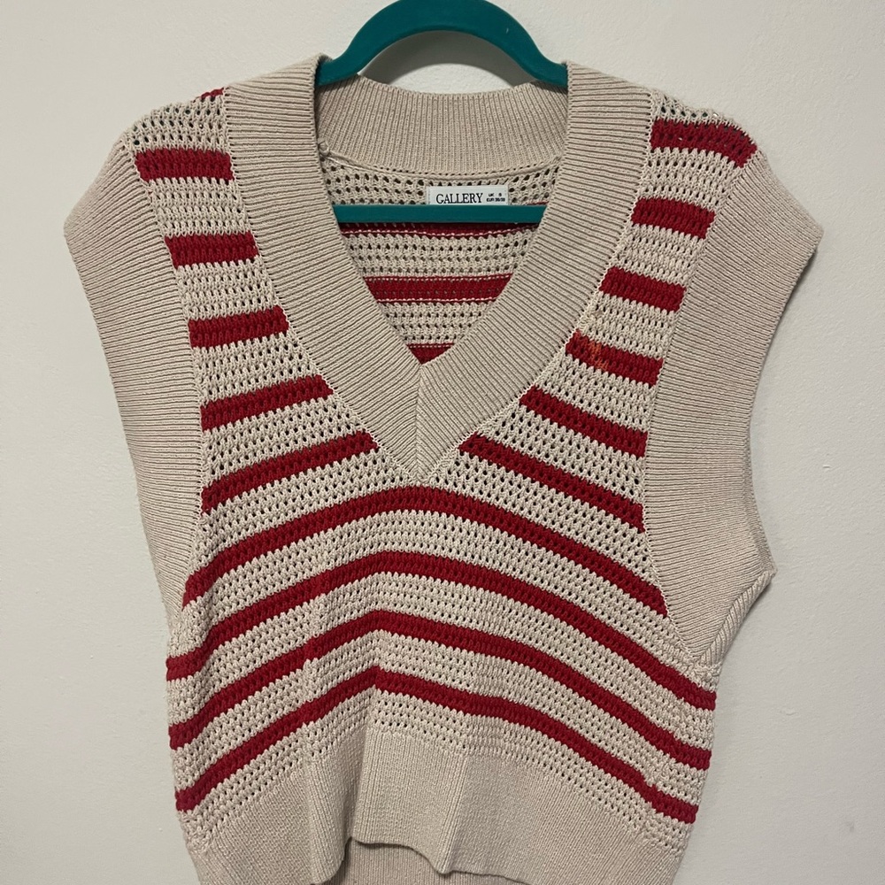 Gallery V-Neck Sweater Red and Cream Stripes